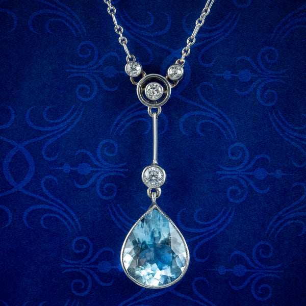 Antique Edwardian Aquamarine Diamond  Lavaliere Necklace 5ct Aqua With Box