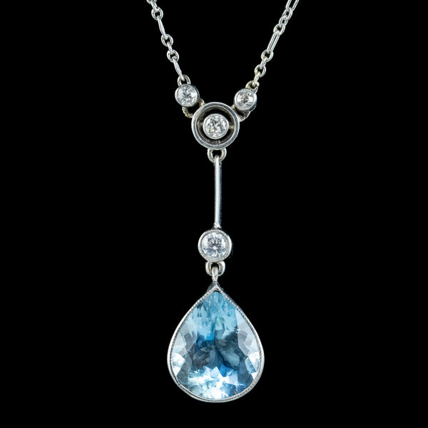 Antique Edwardian Aquamarine Diamond  Lavaliere Necklace 5ct Aqua With Box