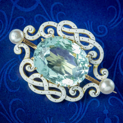 Antique Edwardian Aquamarine Pearl Enamel Brooch 9.5ct Aqua