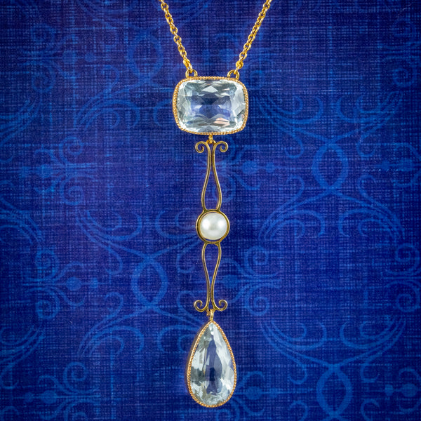 Antique Edwardian Aquamarine Pearl Lavaliere Necklace 15ct Gold Circa 1915