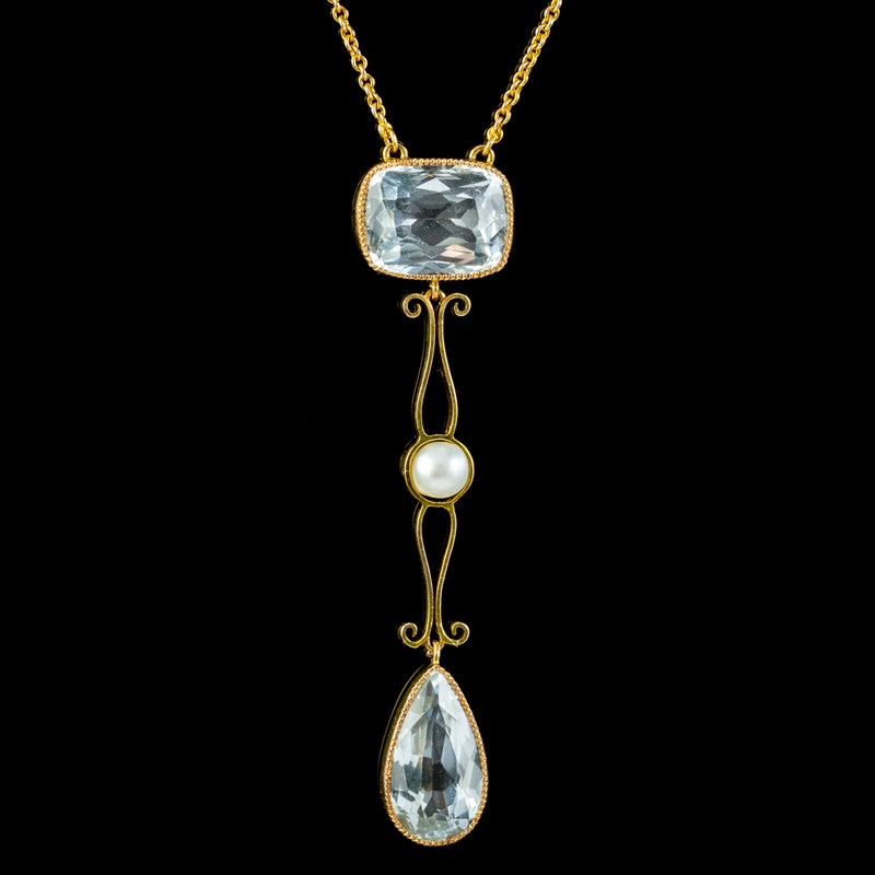 Antique Edwardian Aquamarine Pearl Lavaliere Necklace 15ct Gold Circa 1915