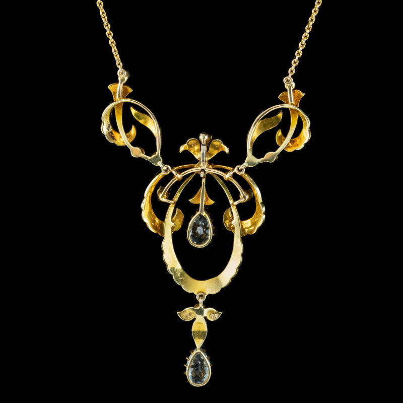 Antique Edwardian Aquamarine Pearl Lavaliere Necklace 15ct Gold