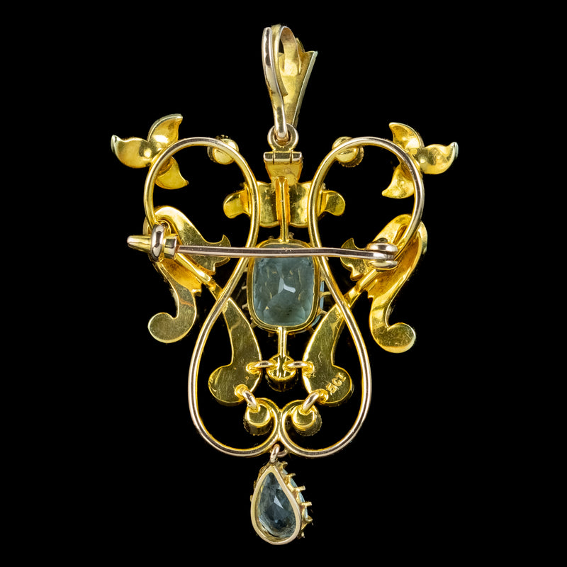 Antique Edwardian Aquamarine Pearl Pendant Brooch 15ct Gold With Box