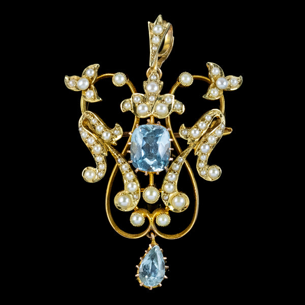 Antique Edwardian Aquamarine Pearl Pendant Brooch 15ct Gold With Box