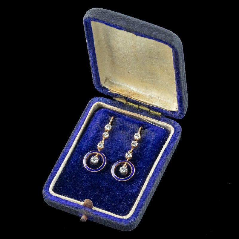 Antique Edwardian Blue Enamel Diamond Drop Earrings 18ct Gold With Box