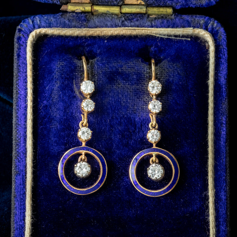 Antique Edwardian Blue Enamel Diamond Drop Earrings 18ct Gold With Box