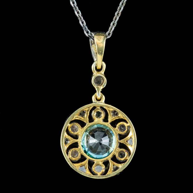 Antique Edwardian Blue Zircon Diamond Pendant Necklace