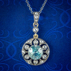 Antique Edwardian Blue Zircon Diamond Pendant Necklace