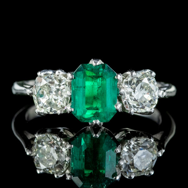 Antique Edwardian Emerald Diamond Ring 1.19ct Colombian Emerald With Cert