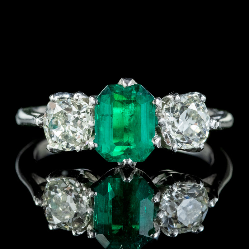 Antique Edwardian Emerald Diamond Ring 1.19ct Colombian Emerald With Cert