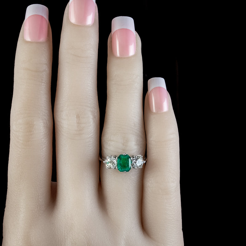 Antique Edwardian Emerald Diamond Ring 1.19ct Colombian Emerald With Cert