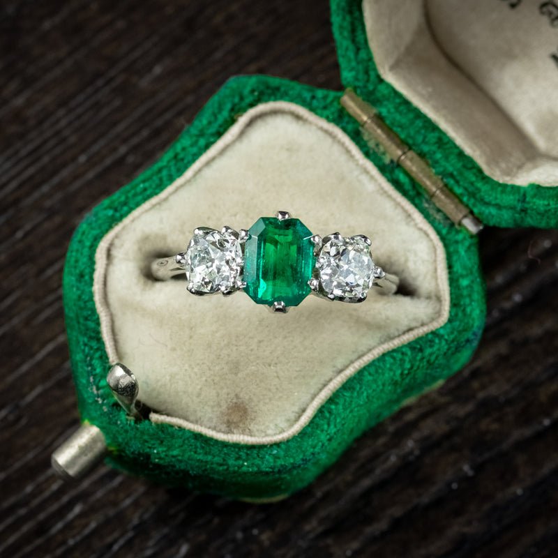  Antique Edwardian Emerald Diamond Ring 1.19ct Colombian Emerald With Cert