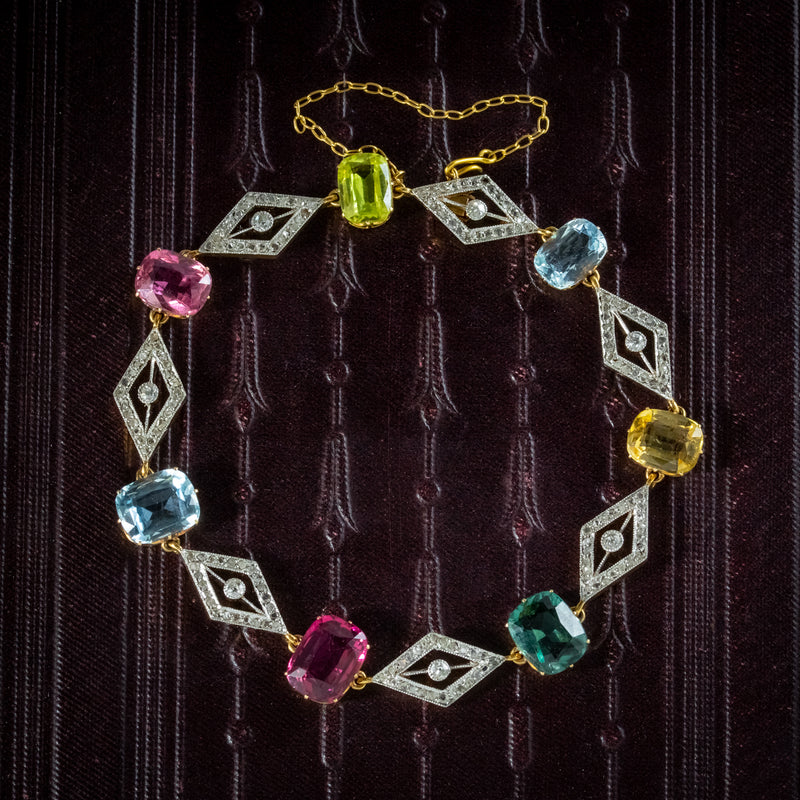 Antique Edwardian French Diamond Gemstone Bracelet 18ct Gold With Cert