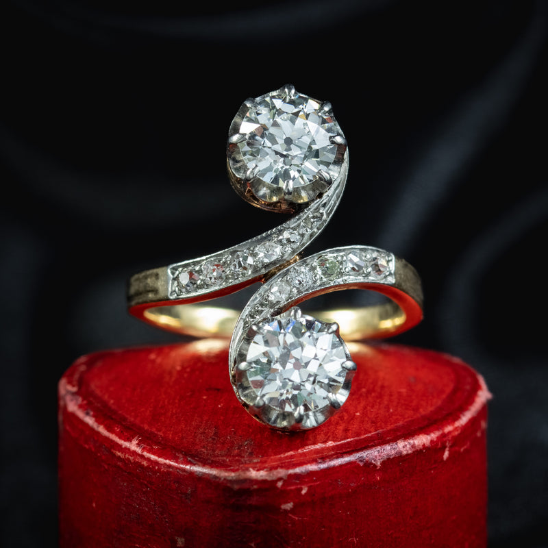 Antique Edwardian French Toi Et Moi Diamond Twist Ring 3ct Of Diamond