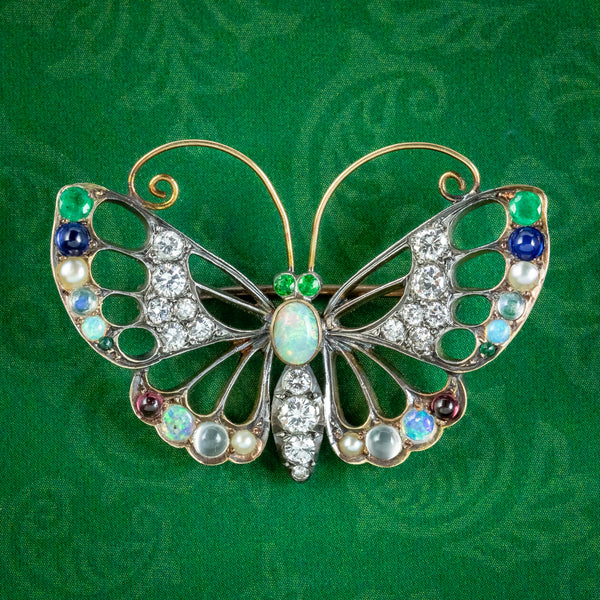 Antique Edwardian Gemstone Butterfly Brooch With Box