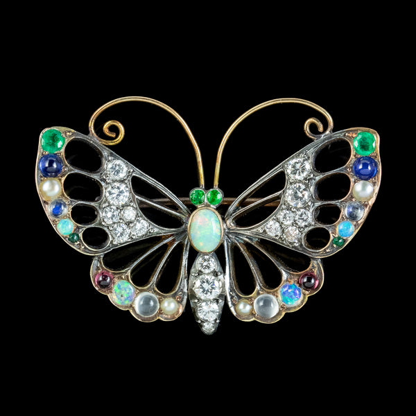 Antique Edwardian Gemstone Butterfly Brooch With Box