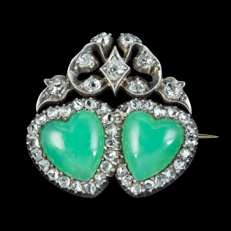Antique Edwardian Green Chalcedony Diamond Entwined Heart Brooch 