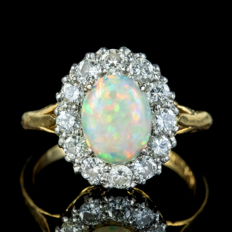 Antique Edwardian Opal Diamond Cluster Ring 2ct Opal 