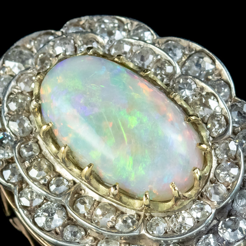 Antique Edwardian Opal Diamond Flower Pendant 6ct Opal