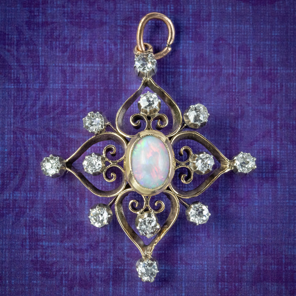 Antique Edwardian Opal Diamond Pendant 18ct Gold 