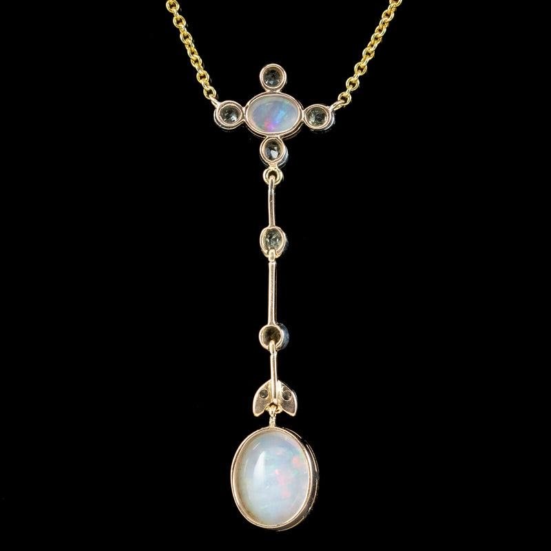 Antique Edwardian Opal Diamond Pendant Necklace 18ct Gold 