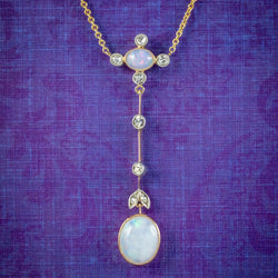 Antique Edwardian Opal Diamond Pendant Necklace 18ct Gold 