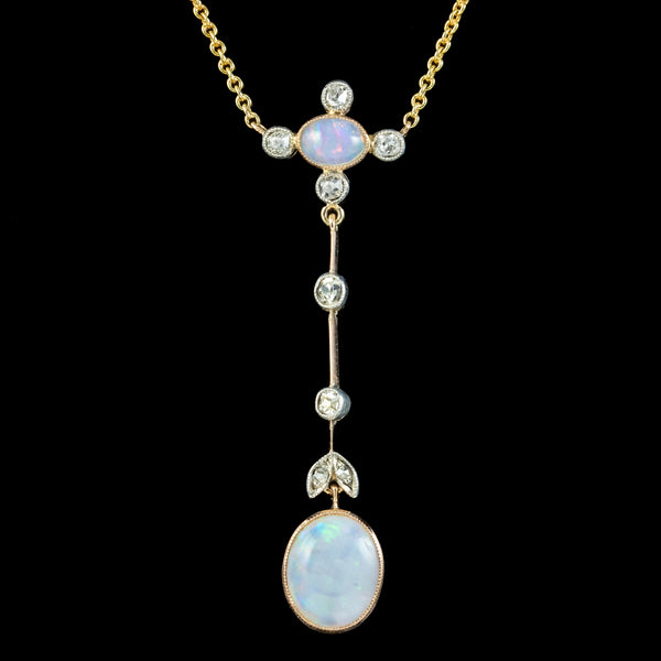 Antique Edwardian Opal Diamond Pendant Necklace 18ct Gold 