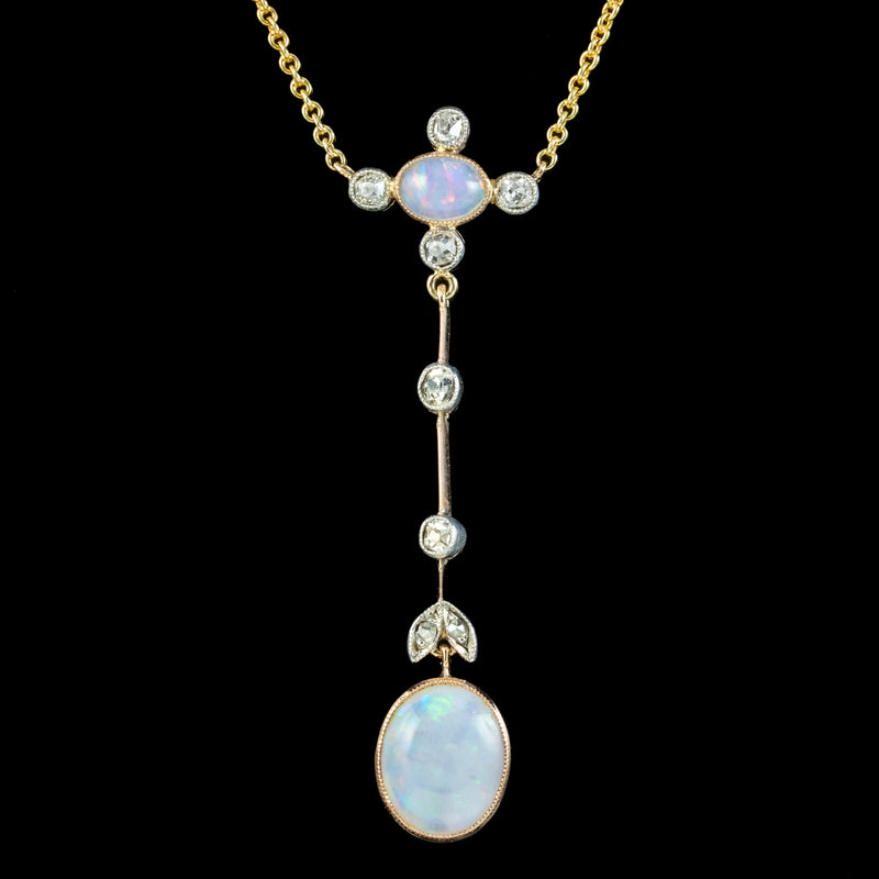 Antique Edwardian Opal Diamond Pendant Necklace 18ct Gold 