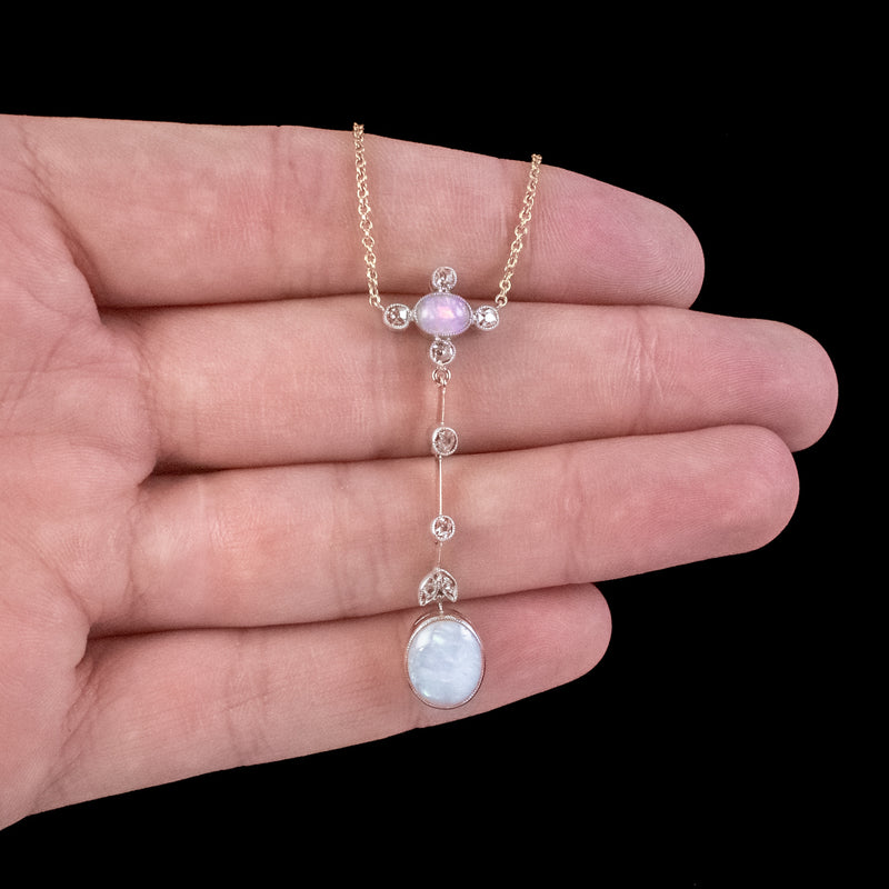 Antique Edwardian Opal Diamond Pendant Necklace 18ct Gold 