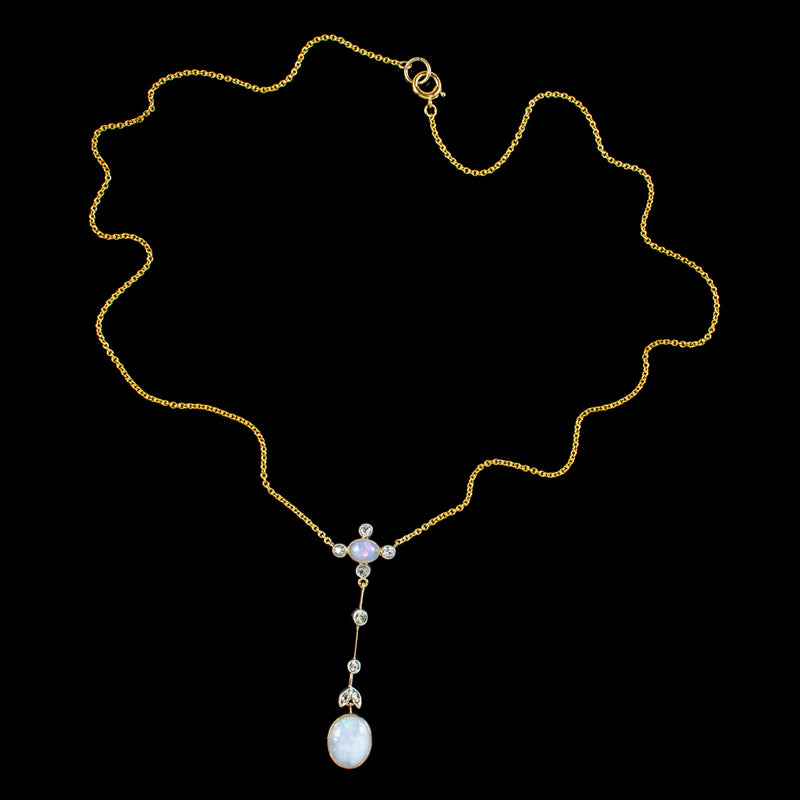 Antique Edwardian Opal Diamond Pendant Necklace 18ct Gold 