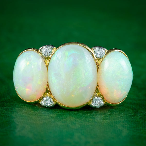 Antique Edwardian Opal Diamond Trilogy Ring 7ct Total 