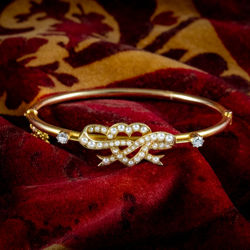 Antique Edwardian Pearl Diamond Heart Bangle 15ct Gold