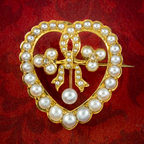 Antique Edwardian Pearl Diamond Heart Brooch 15ct Gold