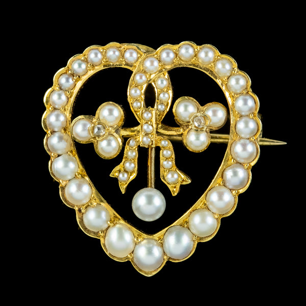 Antique Edwardian Pearl Diamond Heart Brooch 15ct Gold