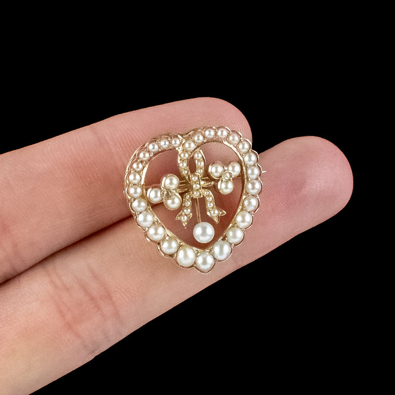 Antique Edwardian Pearl Diamond Heart Brooch 15ct Gold