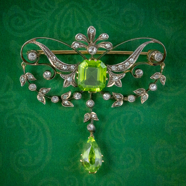 Antique Edwardian Peridot Diamond Brooch 18ct Gold Silver