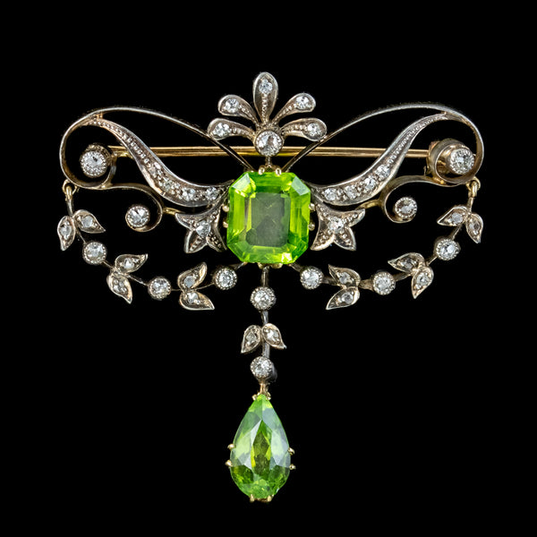 Antique Edwardian Peridot Diamond Brooch 18ct Gold Silver