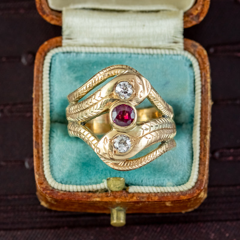 Antique Edwardian Ruby Diamond Snake Trilogy Ring 0.30ct Ruby