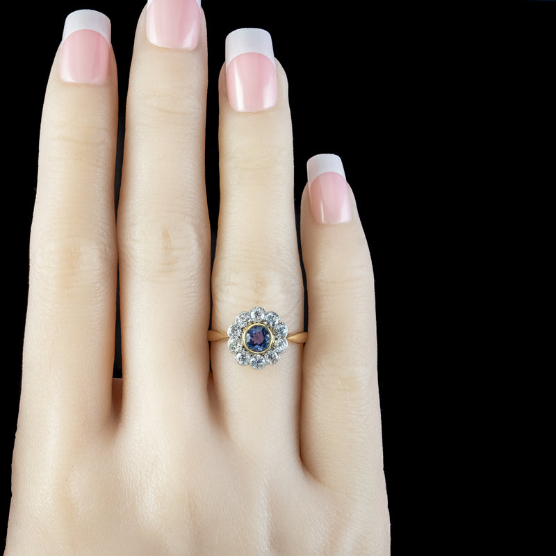 Antique Edwardian Sapphire Diamond Daisy Cluster Ring 0.50ct Sapphire