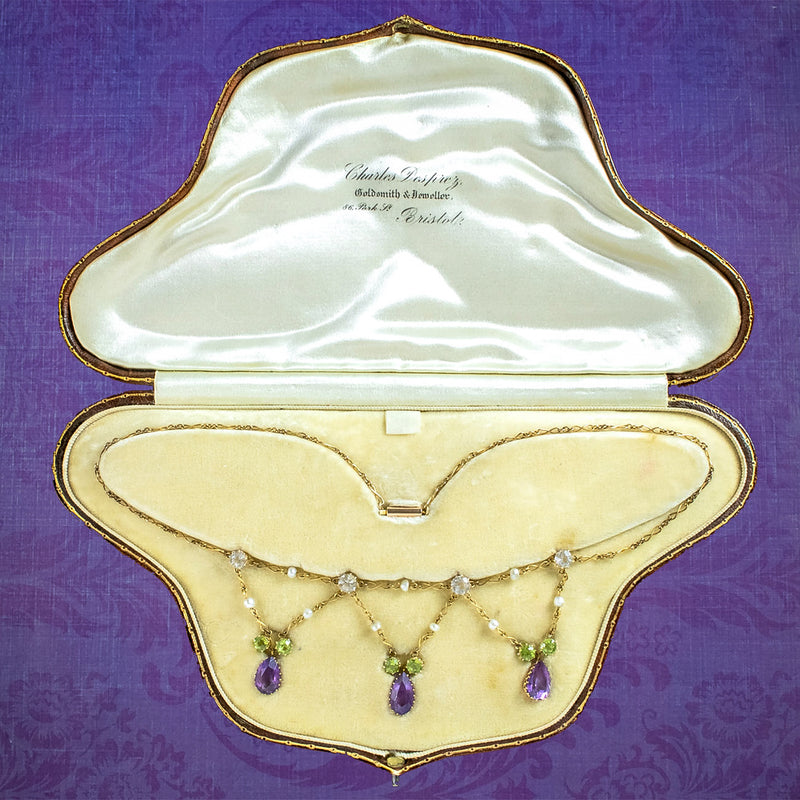 Antique Edwardian Suffragette Amethyst Pearl Peridot Festoon Necklace With Box