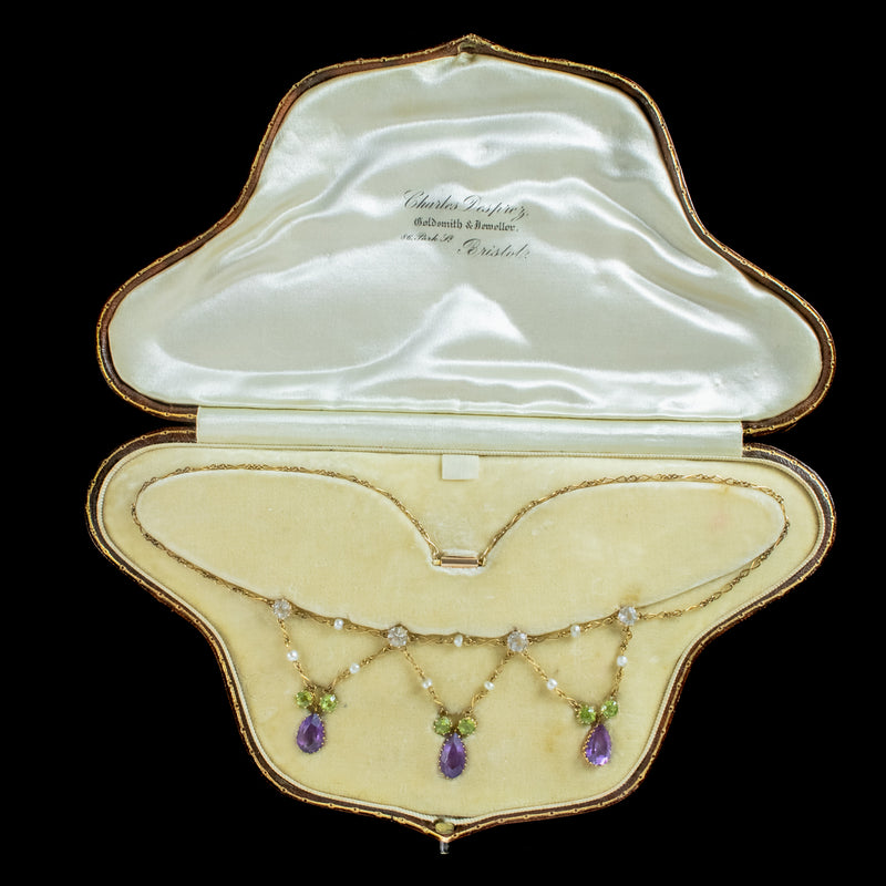 Antique Edwardian Suffragette Amethyst Pearl Peridot Festoon Necklace With Box