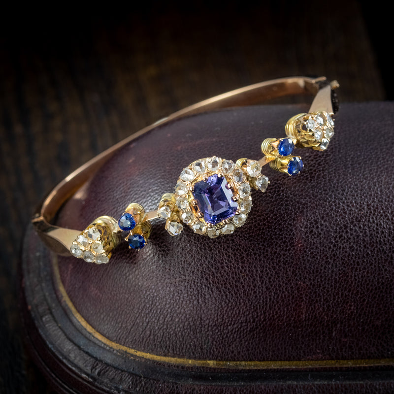 Antique Victorian Blue Spinel Diamond Bangle Circa 1900 2.7ct Spinel With Cert