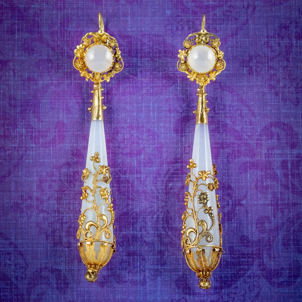Antique Georgian Day And Night Chalcedony Drop Earrings 18ct Gold Circa 1800