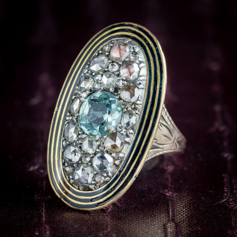 Antique Georgian Diamond Aquamarine Mourning Ring Mary Antrobus Dated 1791 