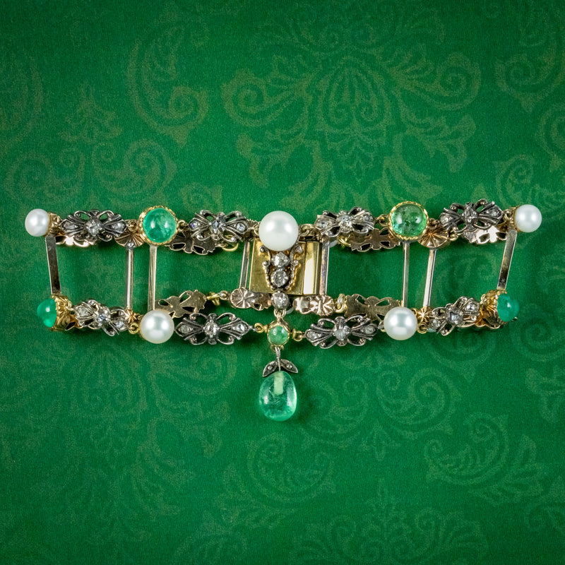 Antique Georgian Emerald Diamond Pearl Bracelet Silver 18ct Gold