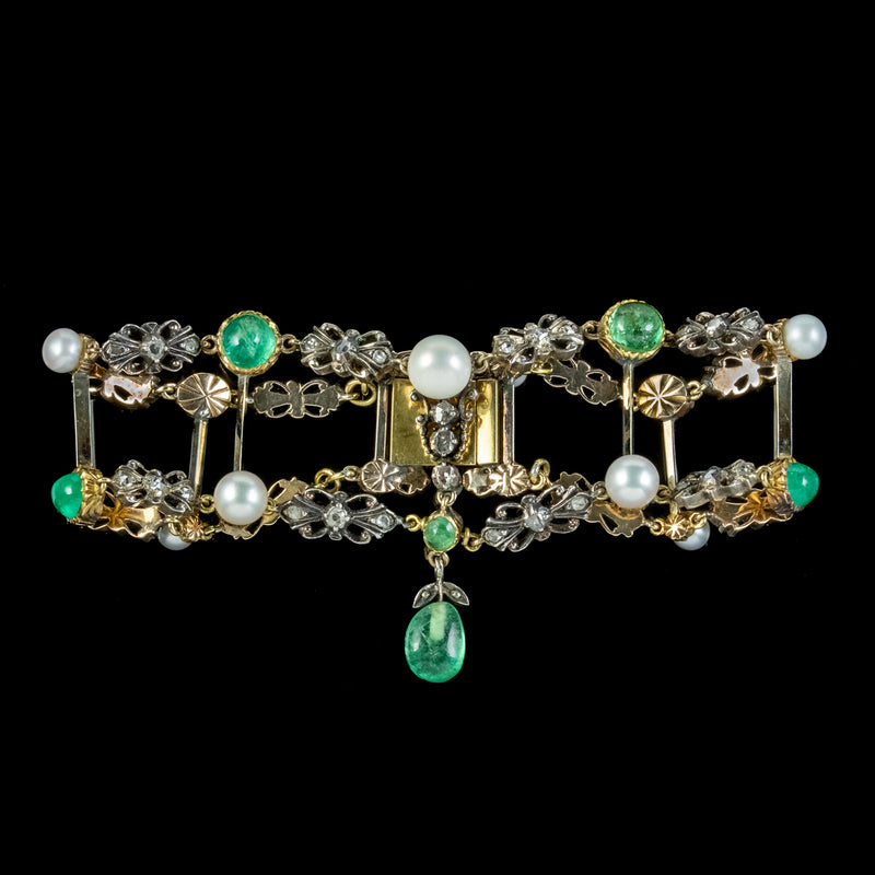 Antique Georgian Emerald Diamond Pearl Bracelet Silver 18ct Gold