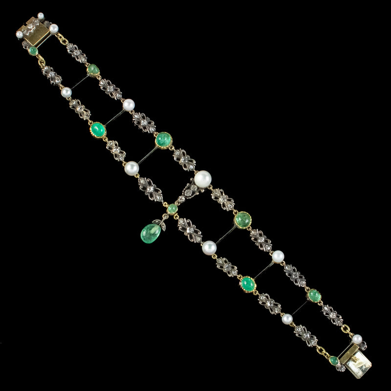 Antique Georgian Emerald Diamond Pearl Bracelet Silver 18ct Gold