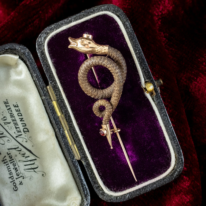 Antique Georgian Garnet Mourning Snake Pin 18ct Gold With Box 