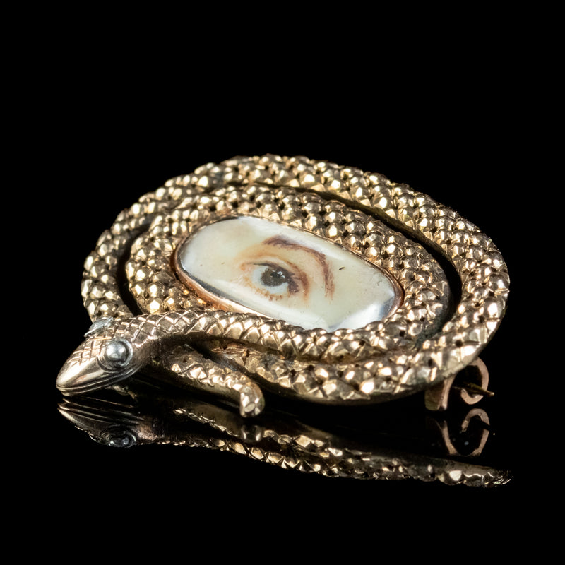Antique Georgian Lovers Eye Miniature Snake Brooch 18ct Gold