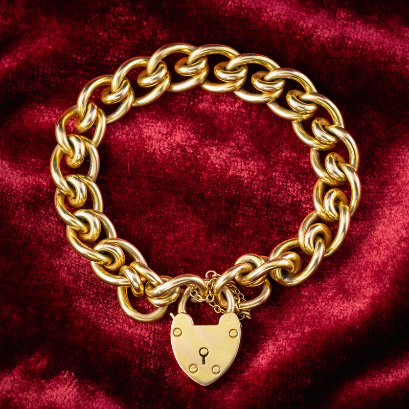 Antique Victorian 15ct Gold Curb Bracelet With Heart Padlock